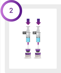  Två sprutor och två injektionsflaskor med pil nedåt